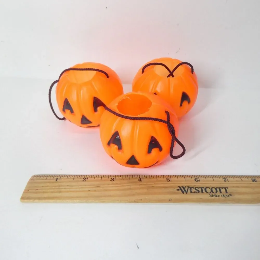 3 Mini Plastic Pumpkin Buckets Trick or Treat Halloween Jack o Lantern Blow Mold